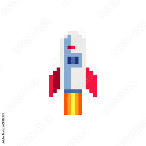 Rocket. Pixel art icon. Astronautics symbol. Space exploration. Isolated vector illustration. 