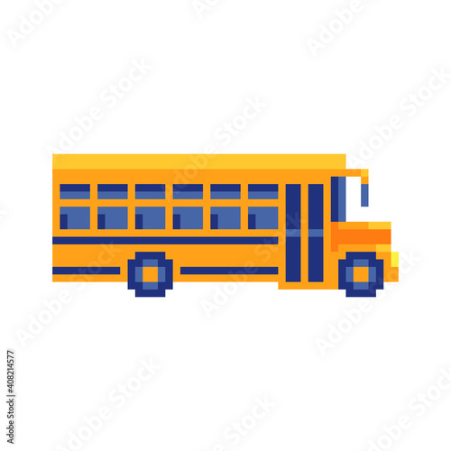 School bus. Yellow bus pixel art icon. Isolated on white background vector illustration. Design for stickers, app and logo.