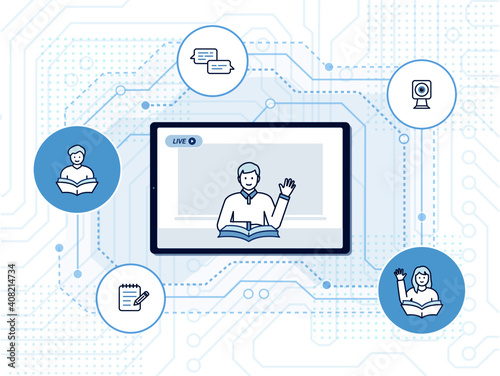 Live online learning illustration: live virtual classroom with education icons, distance learning platform, education network on digital background, editable stroke icons