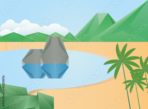 Polygonal landscape of beach with stones and palm trees vector design