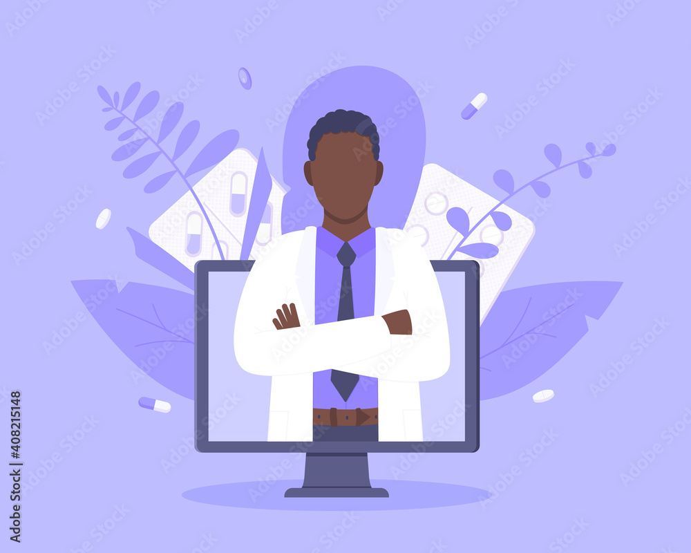 Online doctor medical service concept with doctor in the monitor screen vector illustration. Telemedicine web consultation for patients health care check ups and taking medicine prescription pills. Online doctor medical service concept with doctor in the monitor screen vector illustration. Telemedicine web consultation for patients health care check ups and taking medicine prescription pills.
