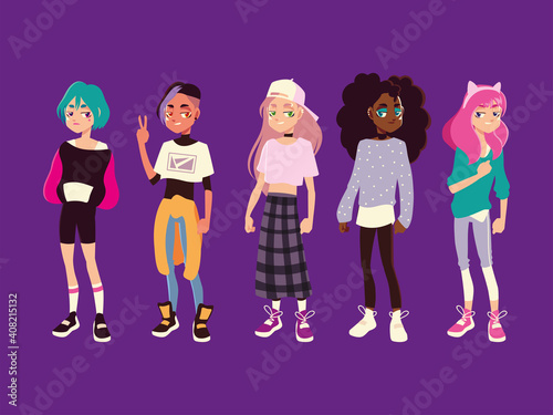 portrait of smiling teenage girls hairstyle fashionable clothes, young culture, vector design