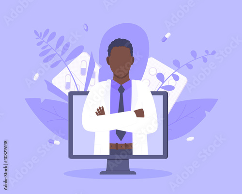 Online doctor medical service concept with doctor in the monitor screen vector illustration. Telemedicine web consultation for patients health care check ups and taking medicine prescription pills.