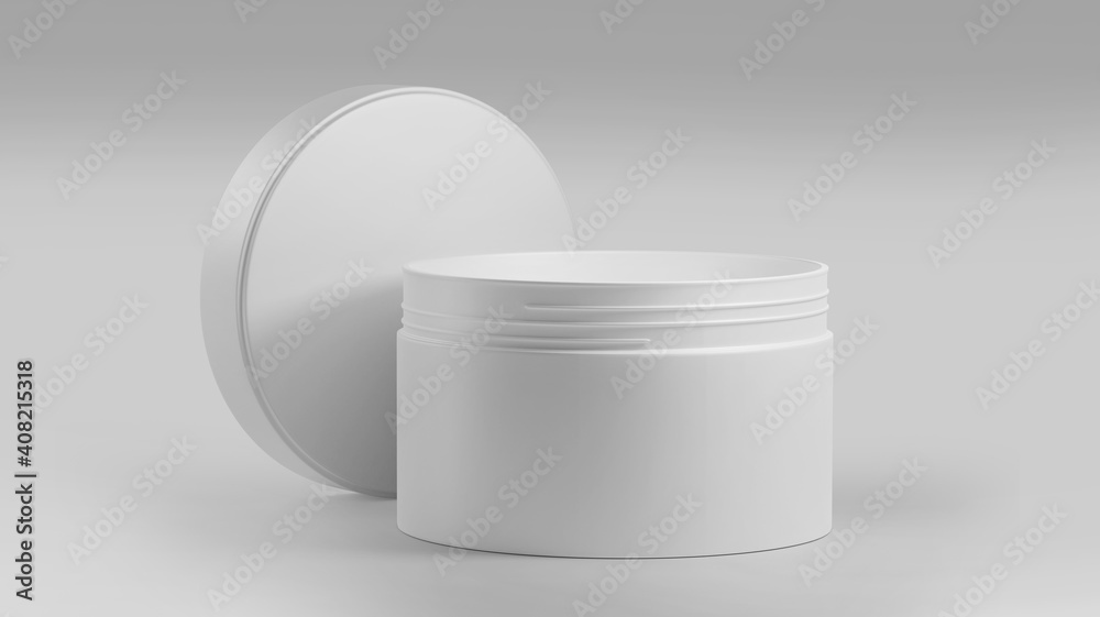 White Plastic Cosmetic Jar Mockup, Blank beauty make-up Container 3D Rendering isolated on light background White Plastic Cosmetic Jar Mockup, Blank beauty make-up Container 3D Rendering isolated on light background