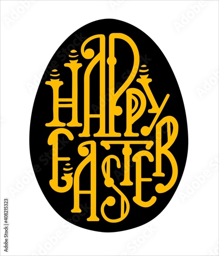 Happy Easter letters in the shape of an egg. Banner with an Easter egg and handwritten holiday wishes. Vector illustration in a simple style. Yellow lettering on a black background.