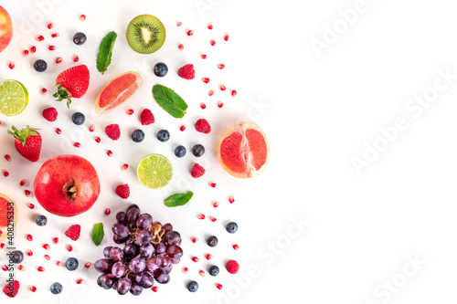 Fresh fruit  shot from the top on a white background  a flat lay with copy space