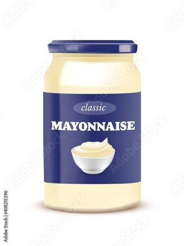 Mayonnaise sauce bottle with cap. Closed jar with mayo vector illustration. Can with blue packaging isolated on white background. Tasty creamy dressing for food product design