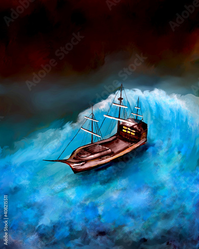 Ship and storm, watercolor drawing.