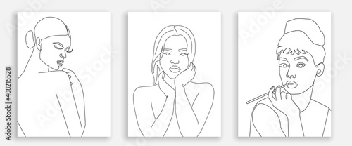 Woman One Line Drawing Prints Set. Female Creative Contemporary Abstract Line Drawing. Beauty Fashion Prints Set. Vector Minimalist Design for Wall Art, Print, Card, Poster.