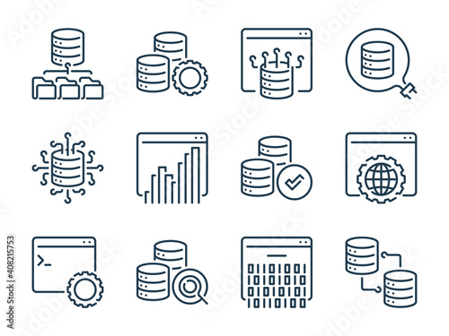 Database and Data storage related vector line icons. Network database services outline icon set.
