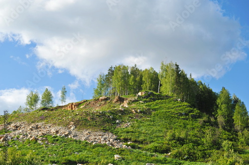 Ridder, Kazakhstan - 06.05.2013 : Trees, shrubs and various grasses grow on the hills in the mountainous area photo