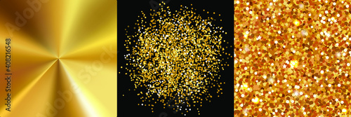 Set of three festive gold glitter backgrounds. Brushed Metal Sheet, Gold glitter dust, Gold glitter texture. Background with gold sparkles and glitter effect. Vector illustration