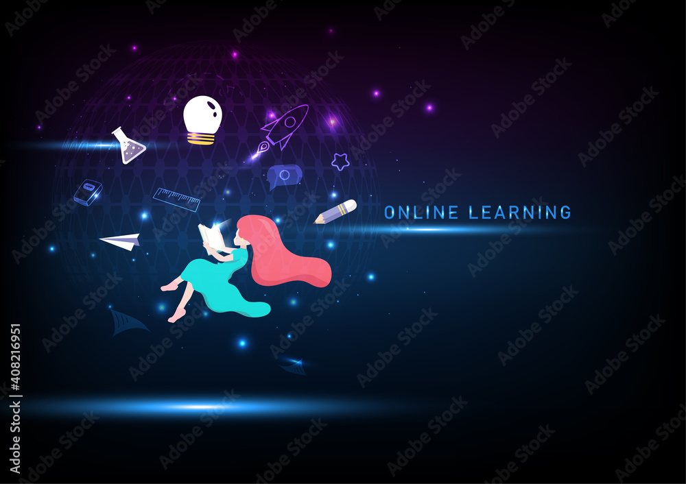 Online learning, global technology, people social futuristic space concept vector illustration Online learning, global technology, people social futuristic space concept vector illustration