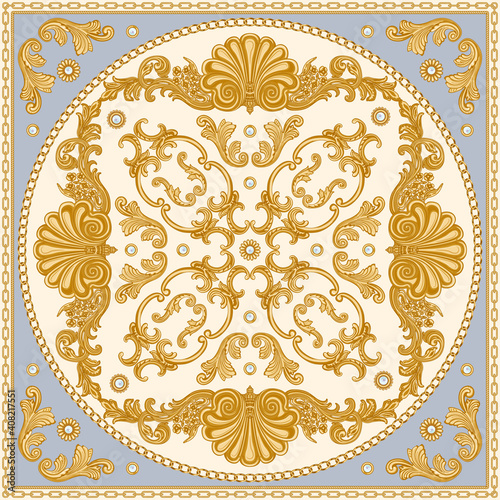 Bandana print on a beige and blue background, Gold chains and cables, Greek beads frieze, Baroque scrolls and pearl oyster shell. Scarf, neckerchief, kerchief, carpet, rug, mat