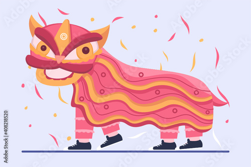 Flat illustration of Chinese Lion dance to celebrate Chinese lunar new year, Preforming Traditional Chinese Lion Dance, Lion Dance Acrobatic Performs, Barongsai, China Traditional Parade Festival.
