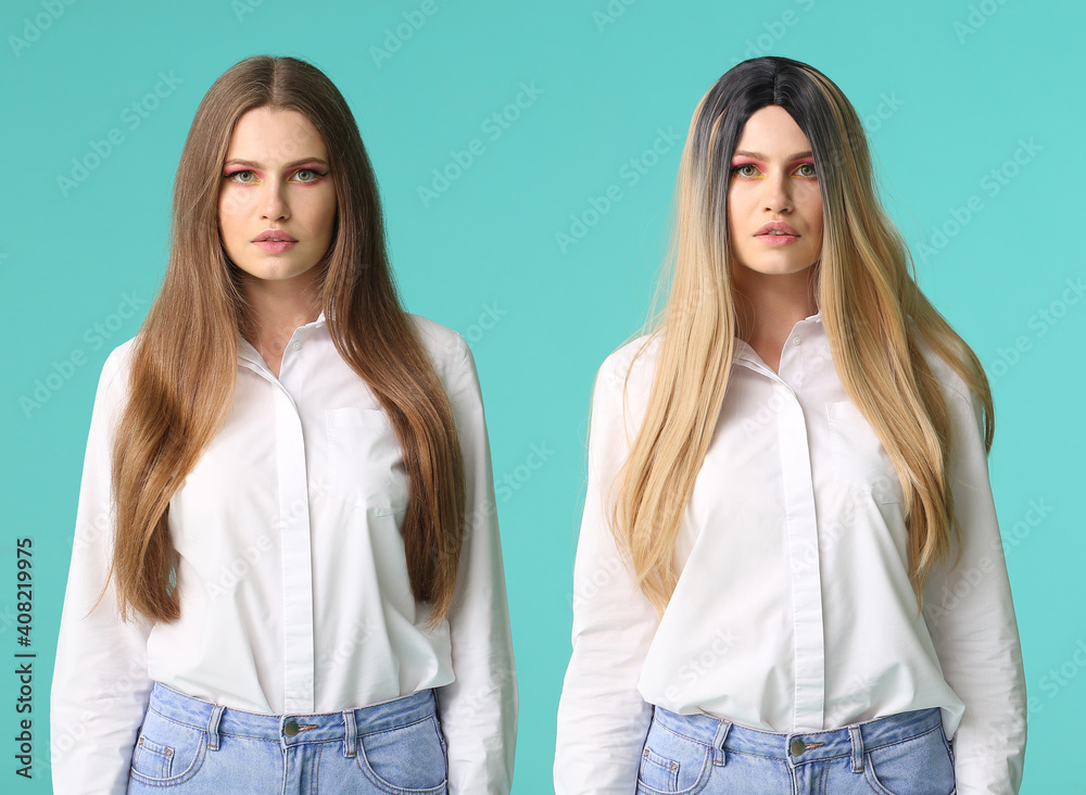 Portrait of young woman with and without wig on color background Portrait of young woman with and without wig on color background