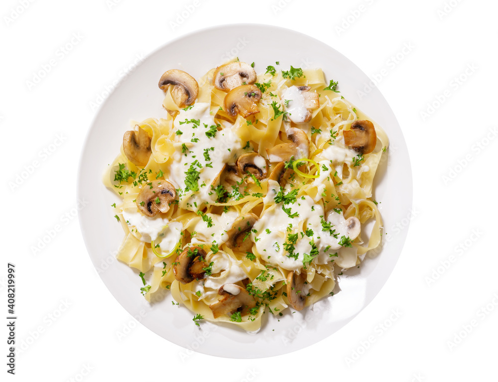plate of pasta with cream sauce and mushrooms isolated on a white background plate of pasta with cream sauce and mushrooms isolated on a white background