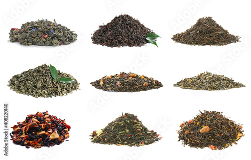 Different types of tea on white background