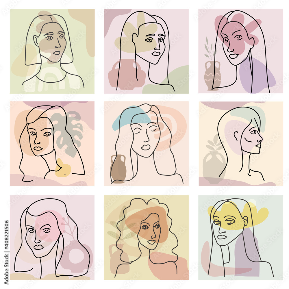 Set Womans line portrate in modern minimalist style trendy. Abstract shape pastel warm colors,flowers, vase. Editable outline aesthetic vector illustration Set Womans line portrate in modern minimalist style trendy. Abstract shape pastel warm colors,flowers, vase. Editable outline aesthetic vector illustration