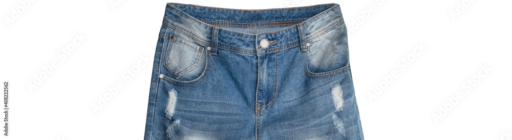 Waist and front pockets parts of light blue jeans on white background. Jeans have faded white spots, ripped holes in them. Isolated. Banner size. Copy space. Shopping, trade, sale, store concepts Waist and front pockets parts of light blue jeans on white background. Jeans have faded white spots, ripped holes in them. Isolated. Banner size. Copy space. Shopping, trade, sale, store concepts