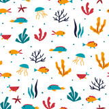 Underwater world. Seamless pattern with fishes and seaweed. Cartoon flat vector illustration for surface design