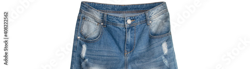Waist and front pockets parts of light blue jeans on white background. Jeans have faded white spots, ripped holes in them. Isolated. Banner size. Copy space. Shopping, trade, sale, store concepts