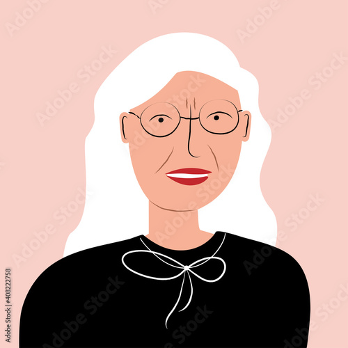 Portrait of an elderly woman in glasses. Grandmother with gray hair. Flat colorful vector illustration