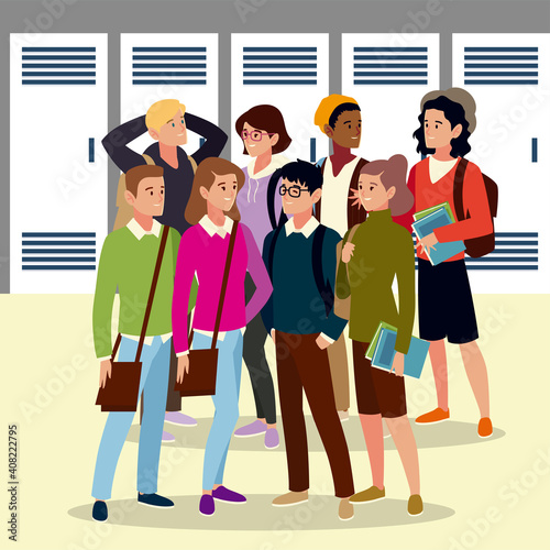 group university students with books and bags  cartoon style