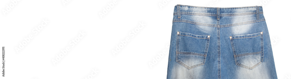 Waist and back pockets part of light blue jeans with faded white spots. Isolated on white background. Banner size. Copy space. Shopping, trade, sale, store concepts Waist and back pockets part of light blue jeans with faded white spots. Isolated on white background. Banner size. Copy space. Shopping, trade, sale, store concepts