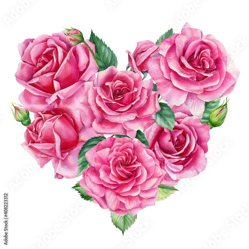 Heart of roses on white background  watercolor illustration  valentine s day