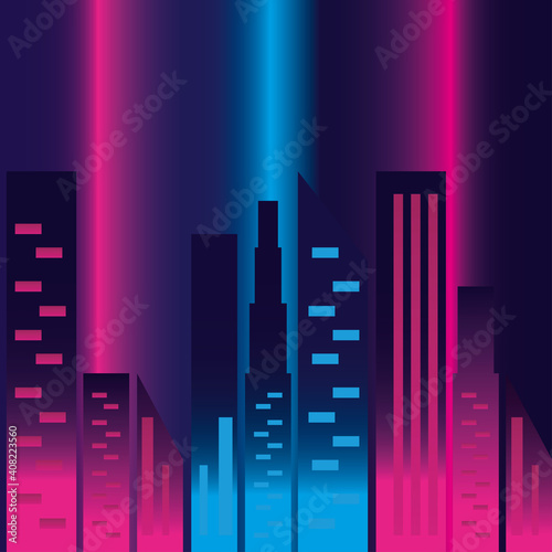 Neon pink and blue city buildings vector design
