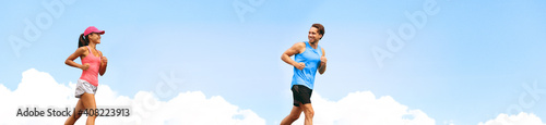 Fototapeta Naklejka Na Ścianę i Meble -  Runners training cardio together running outdoor exercise fitness friends walking talking together panoramic banner blue sky background. Healthy active lifestyle young people Asian woman, man couple.
