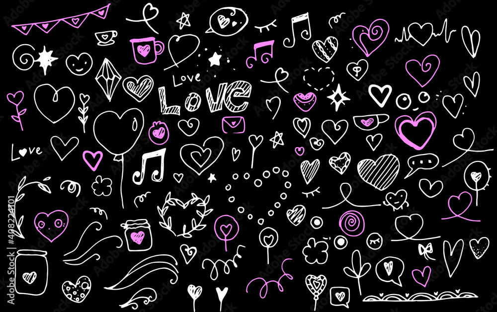 A set of hand-drawn doodles of vector isolated love elements for wedding, Valentine's Day greeting cards, stickers, stamp design. Vector illustration with heart, love, speech bubble, arrow, text capti A set of hand-drawn doodles of vector isolated love elements for wedding, Valentine's Day greeting cards, stickers, stamp design. Vector illustration with heart, love, speech bubble, arrow, text capti