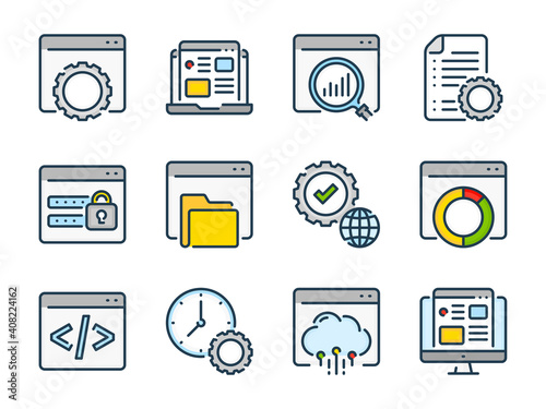 Web development related vector line color icons. Website and Web computing outline colorful icon set.