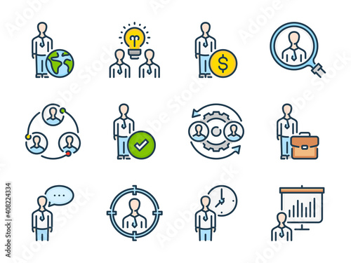 Business people and Human resources related vector line color icons. Team, teamwork and Partnership outline colorful icon set.