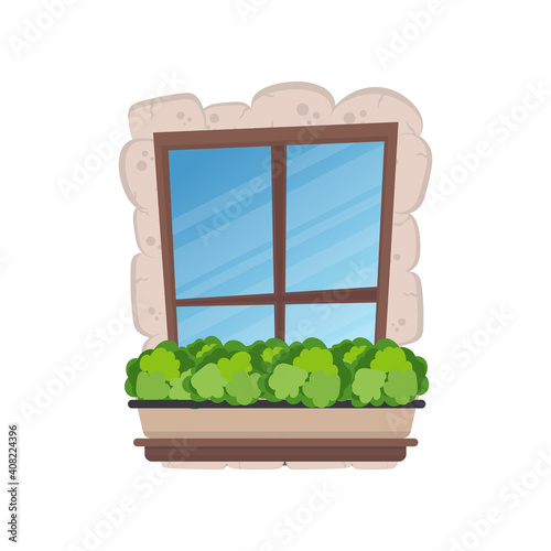 Rectangular window with flowers in cartoon style. Stone cladding. For the design of games or buildings. Isolated. Vector.