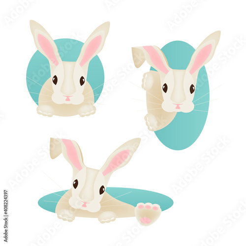 Set of Cute Rabbit characters. Happy Easter Bunny peek out of burrow isolated on white background. Vector illustration.