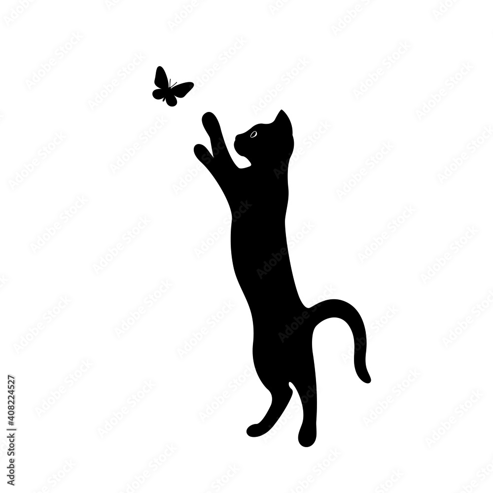 A kitten plays with a flying butterfly. Black silhouette of a cat isolated on white background. The symbol of Halloween. Can be used as a sticker template, logo element, icon for web design. A kitten plays with a flying butterfly. Black silhouette of a cat isolated on white background. The symbol of Halloween. Can be used as a sticker template, logo element, icon for web design.