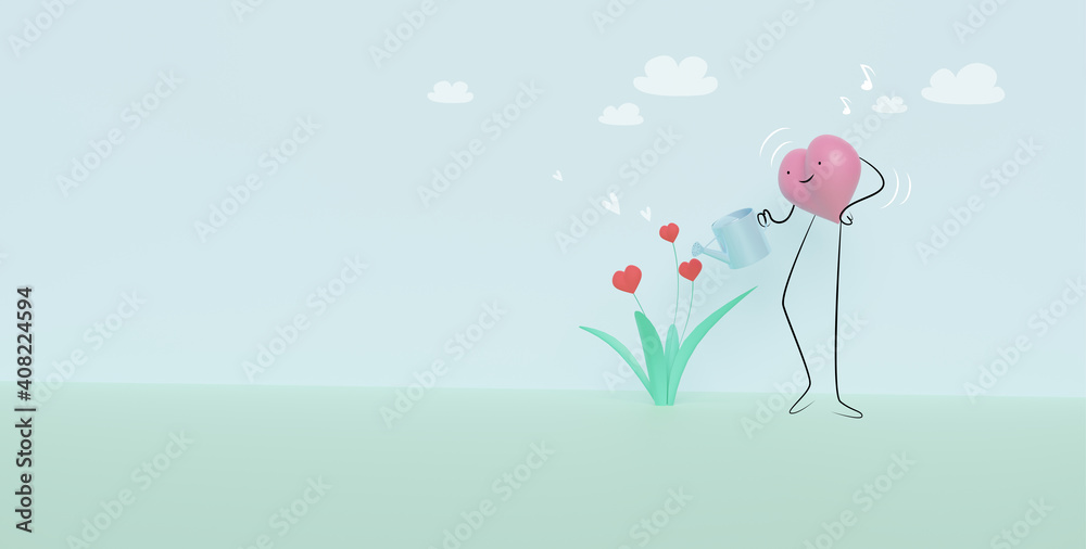 3D of hearts characters as symbols of love watering heart plants. Happy valentine's Day.