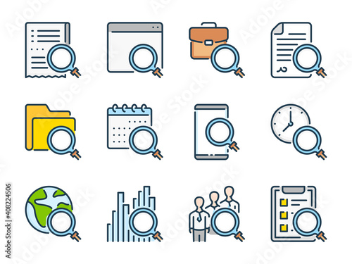 Search and Research related vector line color icons. Review and magnifying glass outline colorful icon set.