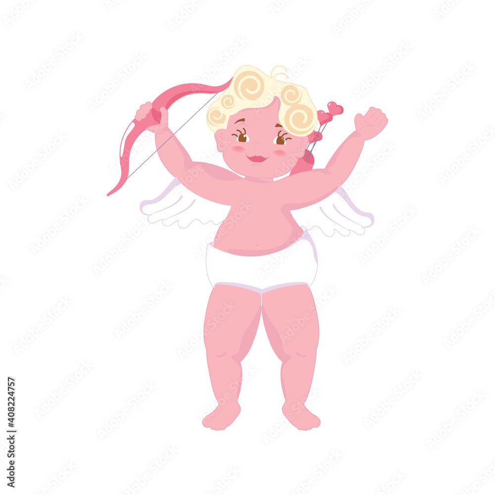Cute cupid baby holding a bow with arrows isolated on white background. Flat Art Vector illustration Cute cupid baby holding a bow with arrows isolated on white background. Flat Art Vector illustration