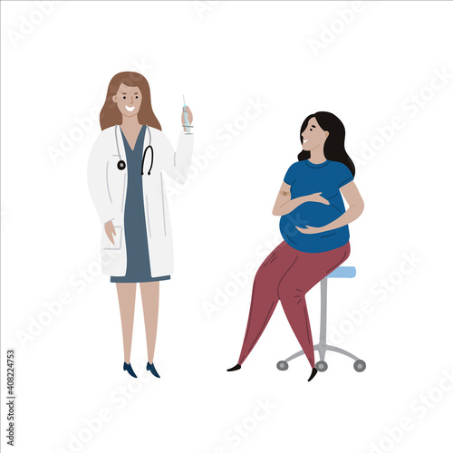 Vaccination immunity cartoon illustration pregnant Caucasian woman and Caucasian doctor.  Isolated on white background.