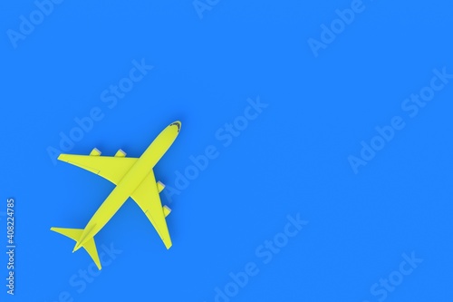 Modern passenger airplane on blue background. Charter flights. Air transportation. International airlines. Tourist travel on vacation. Top view. Copy space. 3d rendering