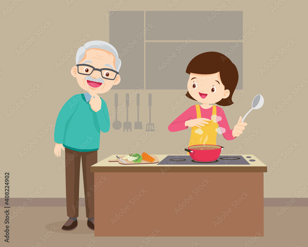 elderly man looking to woman cooking in kitchen elderly man looking to woman cooking in kitchen