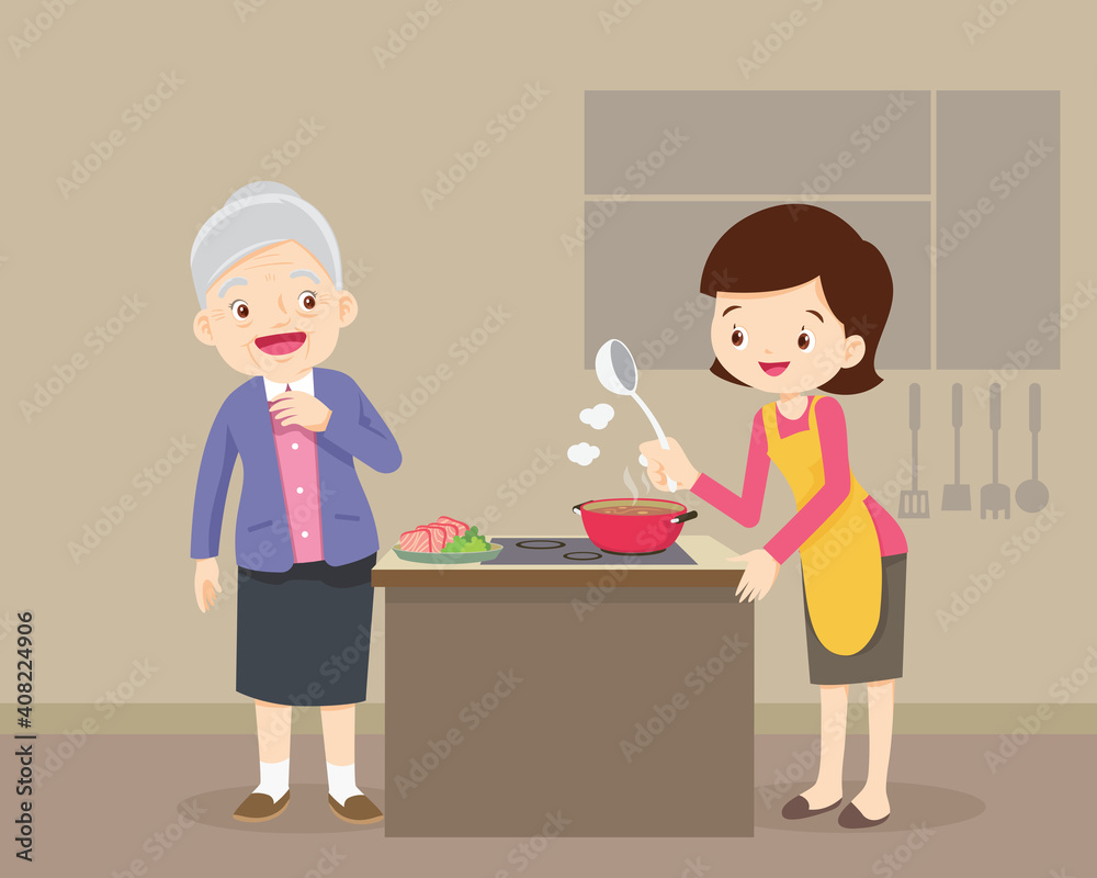elderly woman looking to lovely woman cooking in kitchen elderly woman looking to lovely woman cooking in kitchen