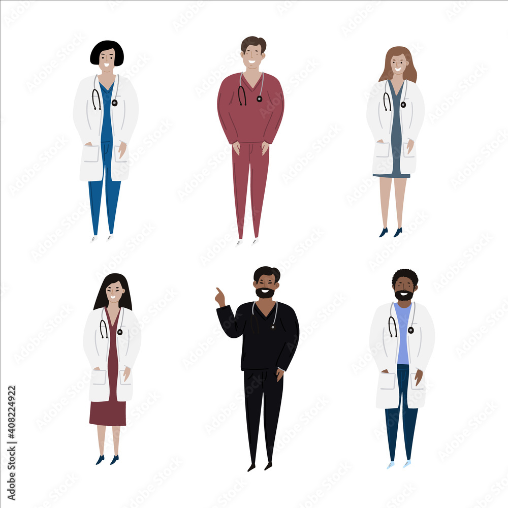 Cartoon set of hand drawn isolated charachters diverse multiple nationalities adult doctors. Black, asian, caucasion doctors. Cartoon set of hand drawn isolated charachters diverse multiple nationalities adult doctors. Black, asian, caucasion doctors.
