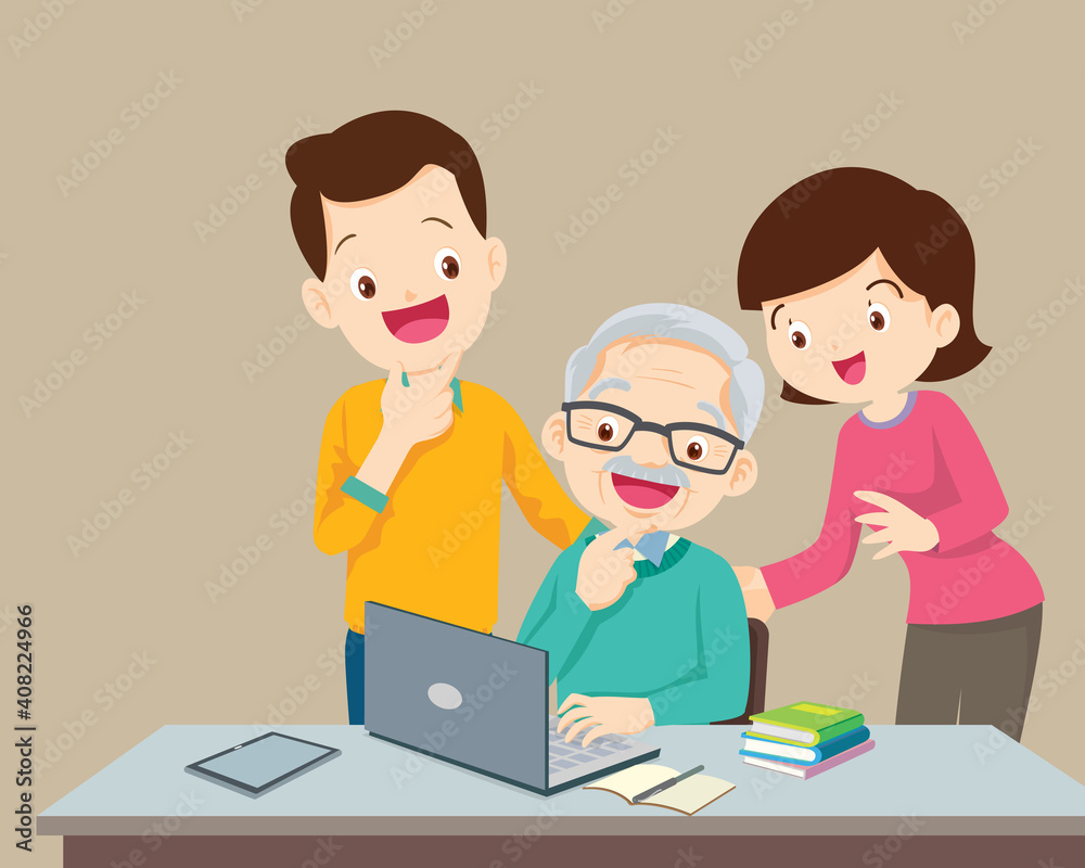 man and woman looking at elderly man using a laptop computer man and woman looking at elderly man using a laptop computer