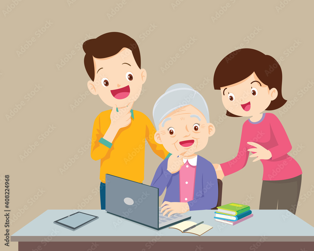 man and woman looking at elderly woman using a laptop computer man and woman looking at elderly woman using a laptop computer