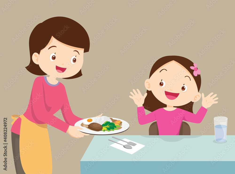 mother serving food to daughter mother serving food to daughter