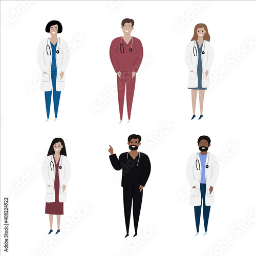Cartoon set of hand drawn isolated charachters diverse multiple nationalities adult doctors. Black, asian, caucasion doctors.